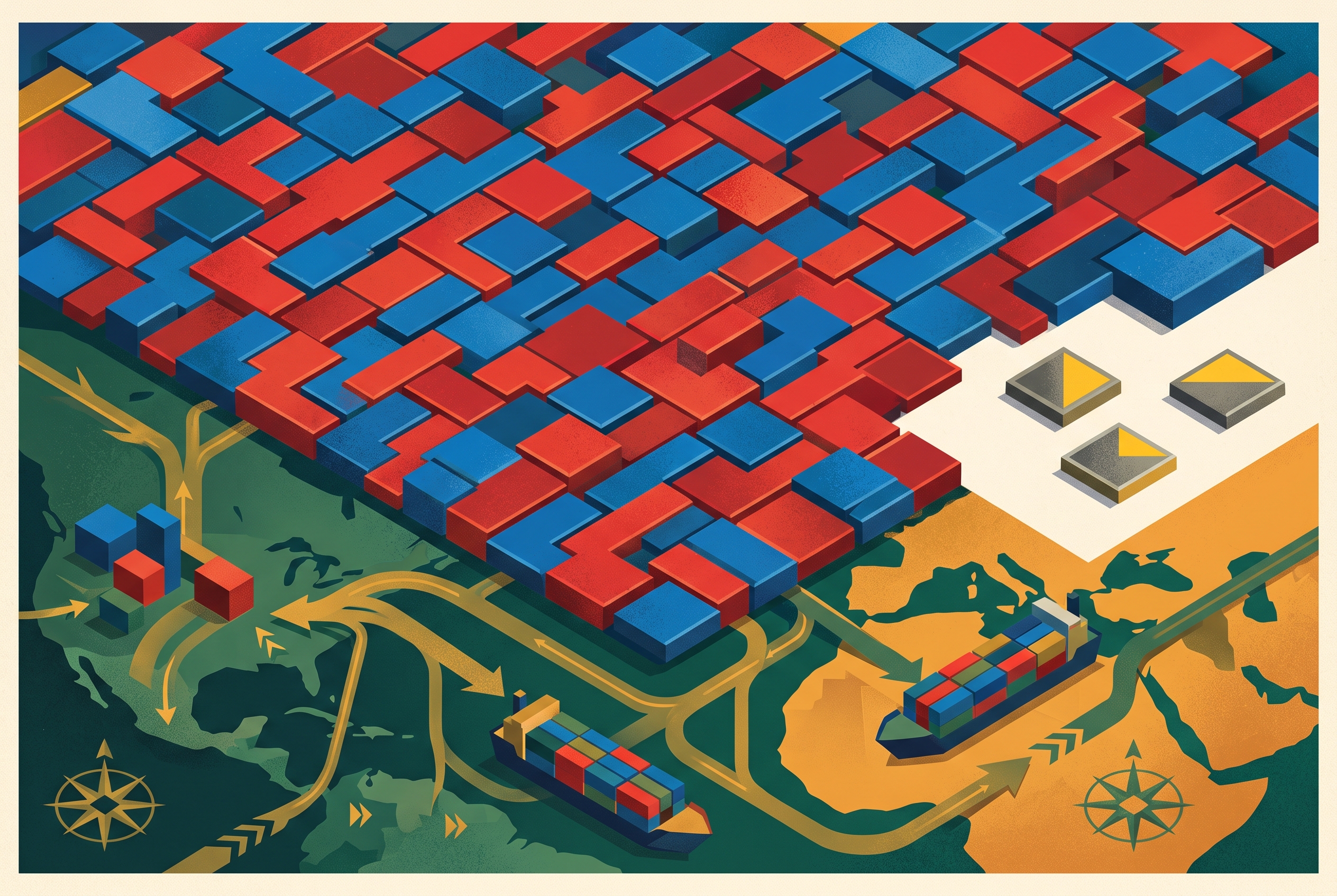 AI-generated illustration: interlocking red and blue blocks rise above cargo ships and trade routes connecting North America and Africa