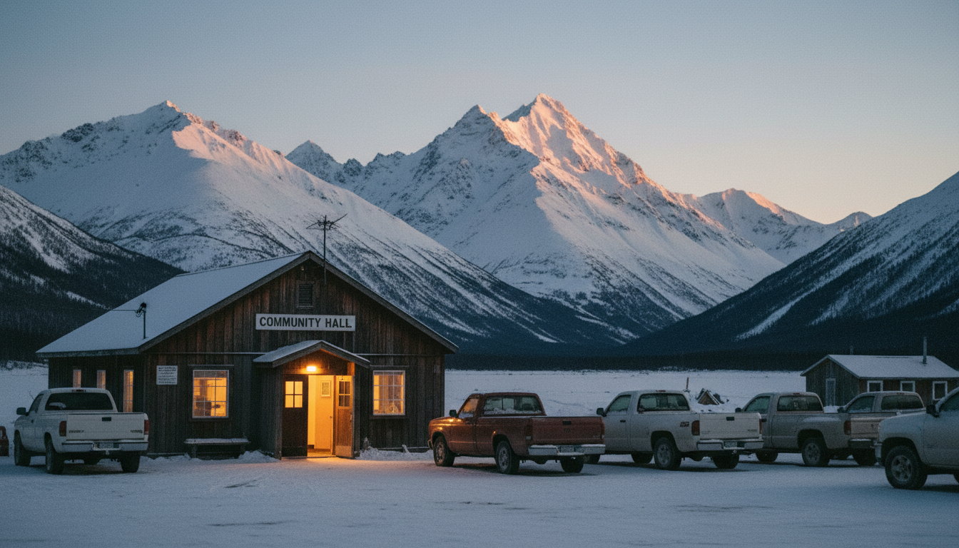 AI-generated illustration: a small Alaskan community hall glowing at dusk beneath snow-capped mountains