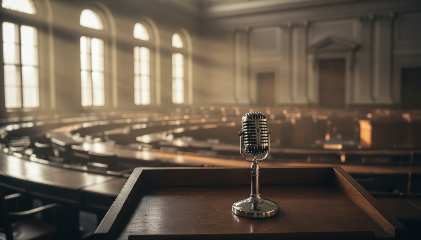 AI-generated illustration: a lone vintage microphone at an empty Senate lectern in warm morning light