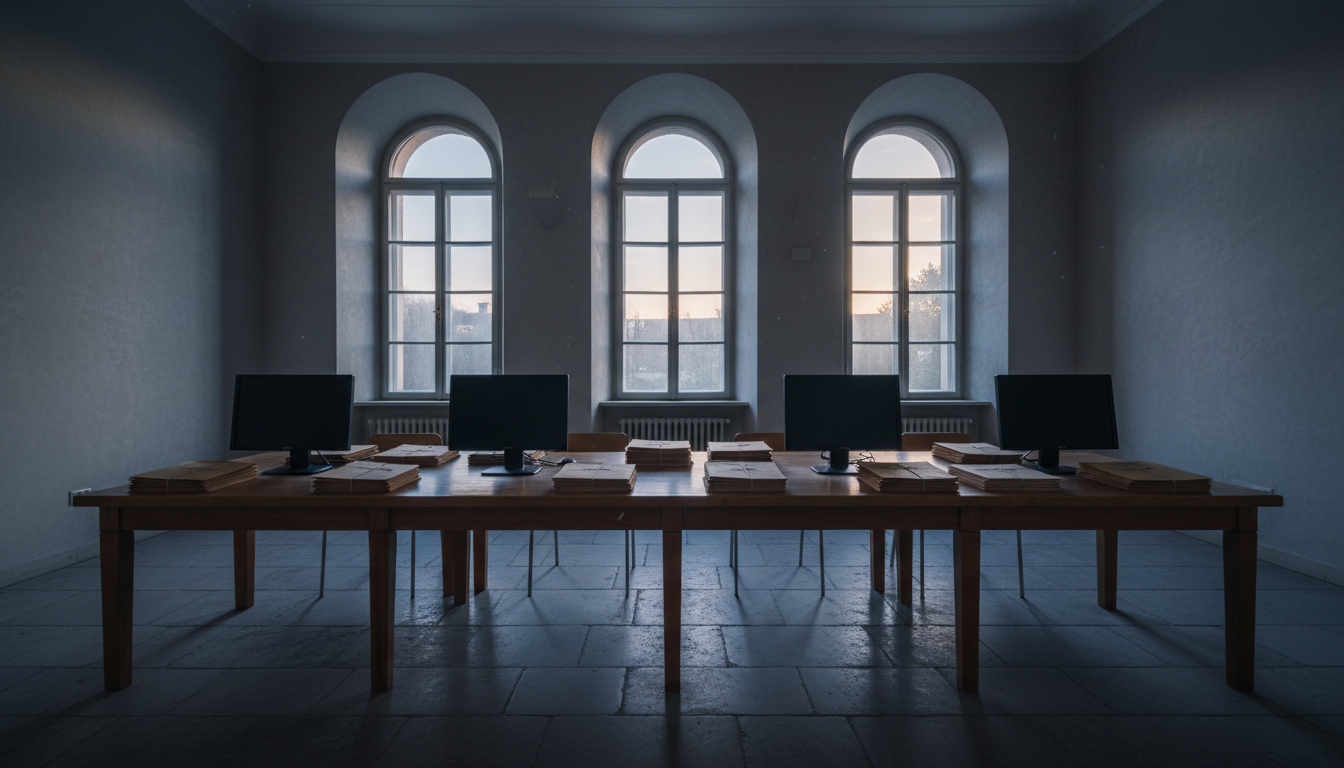 AI-generated illustration of an empty records room with folders and a dark computer monitor.
