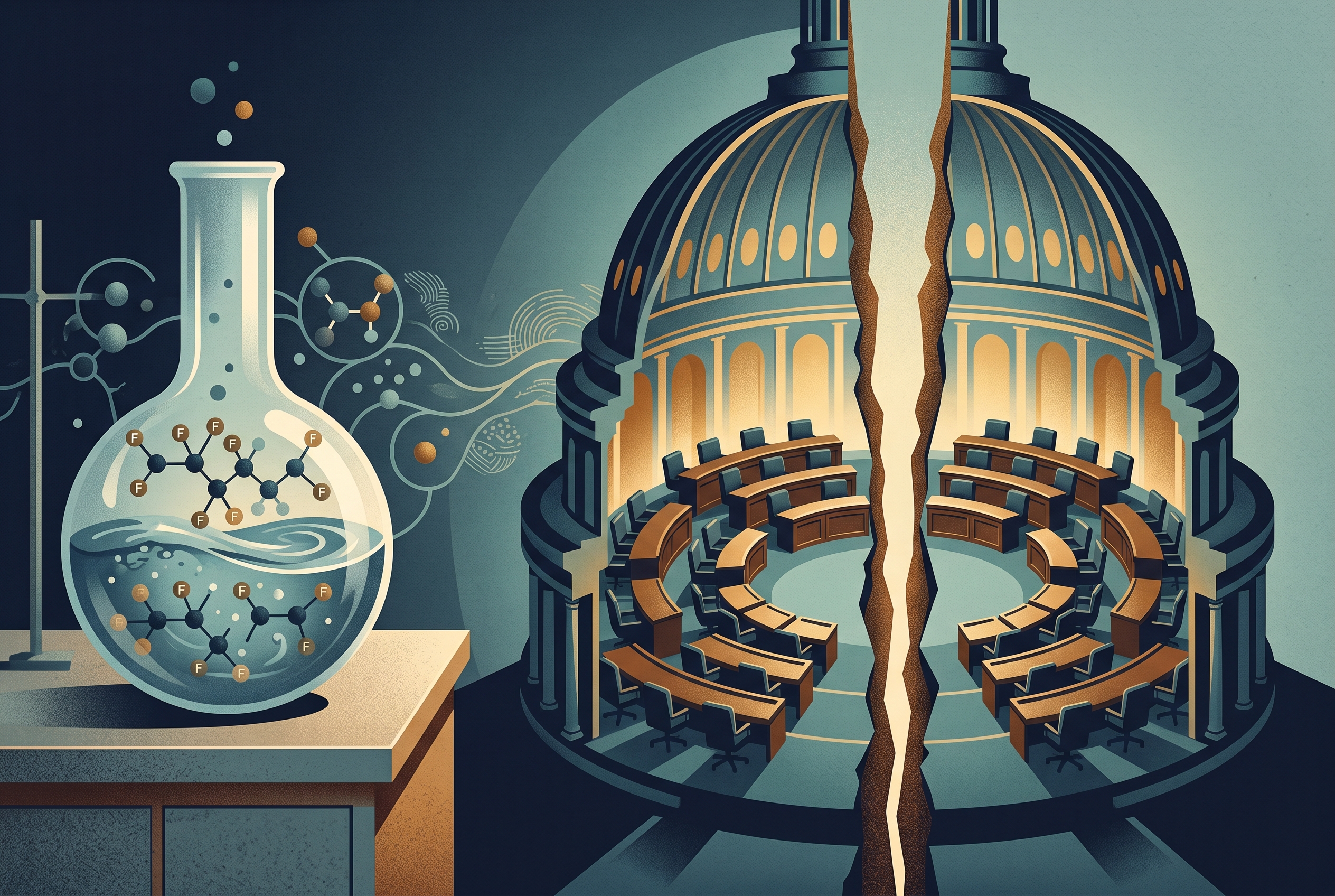 Symbolic red and blue Senate voting blocks divided by water and molecular motifs, with one ballot crossing the aisle.
