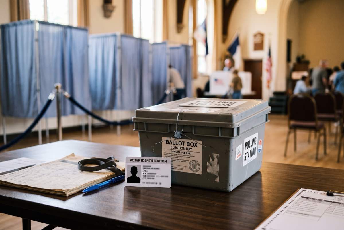 Photorealistic polling-place tabletop with a ballot box, generic identification card and registration papers, symbolizing the Senate voter ID debate