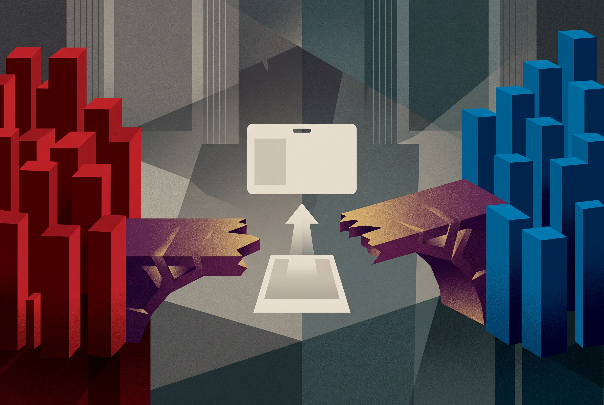 A ballot box, voter identification card, and polling booths symbolize the Senate debate over voter ID requirements.