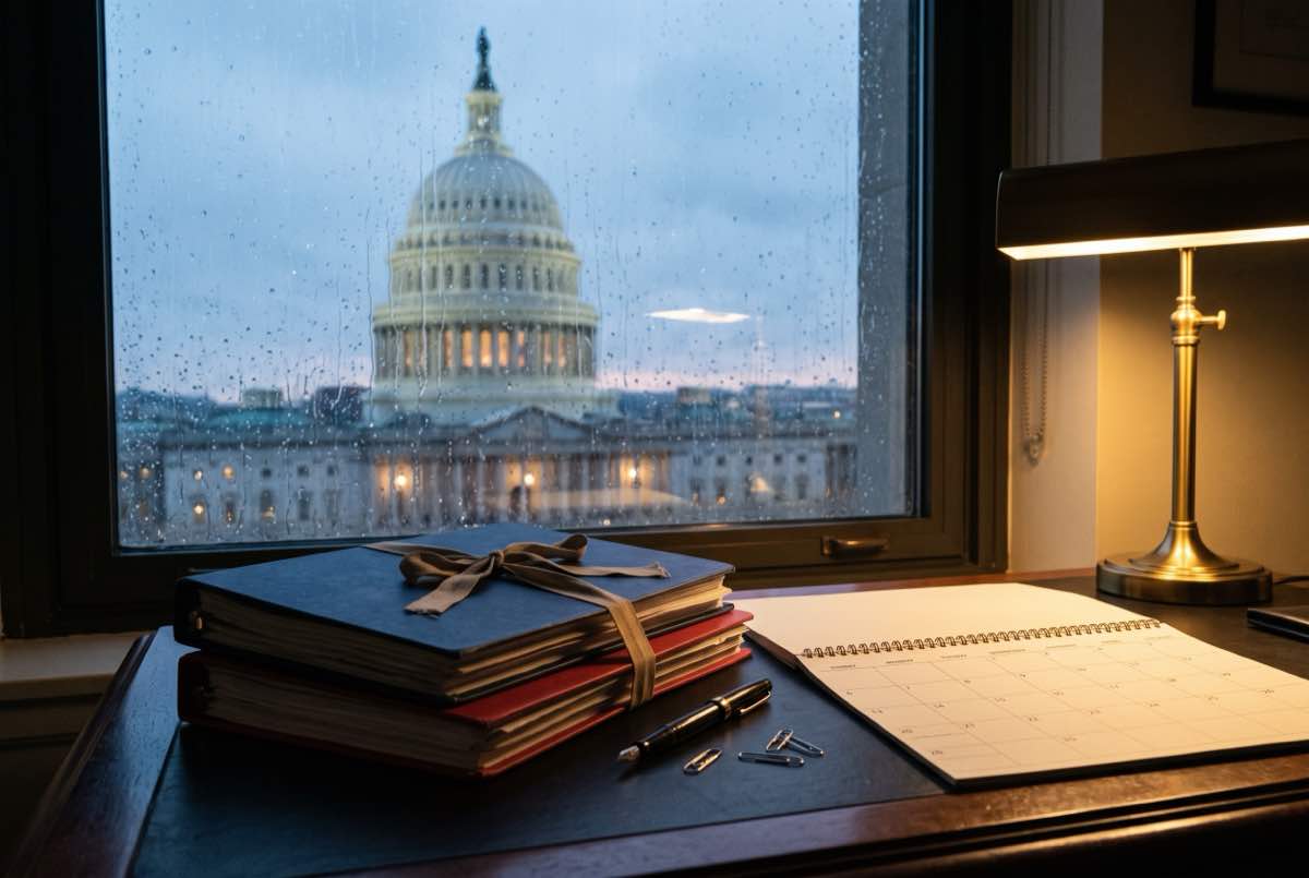 Photorealistic government funding documents joined by red-and-blue pathways, symbolizing a broad Senate compromise to prevent a shutdown