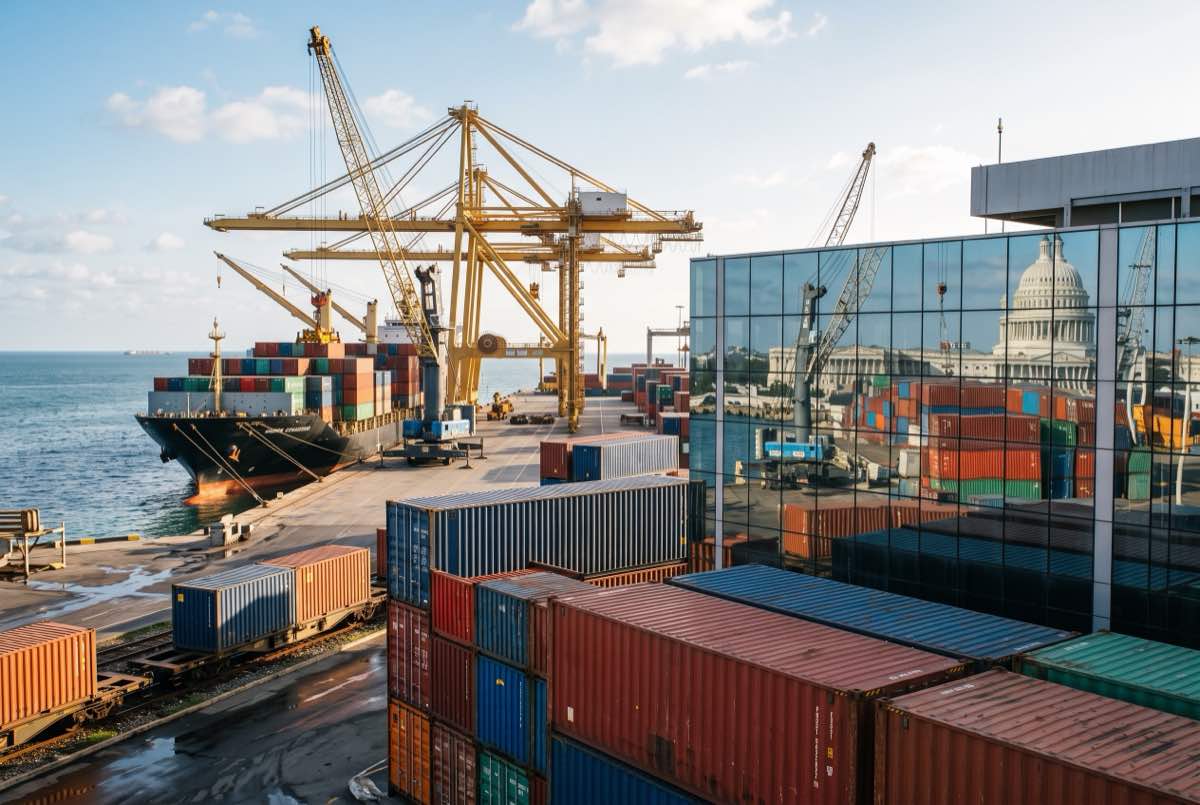 Shipping containers and port cranes reflected alongside the U.S. Capitol, symbolizing the Senate vote to extend the African Growth and Opportunity Act.