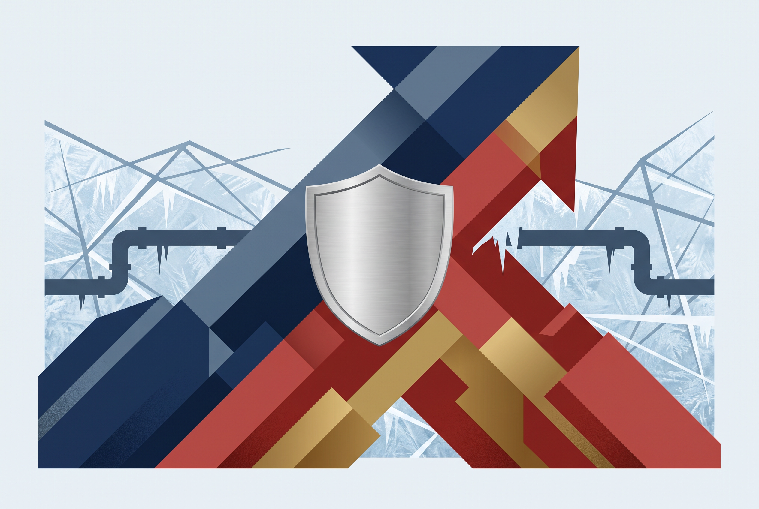 Symbolic editorial illustration of red and blue geometric voting blocs converging on a metallic shield between frozen energy pipelines