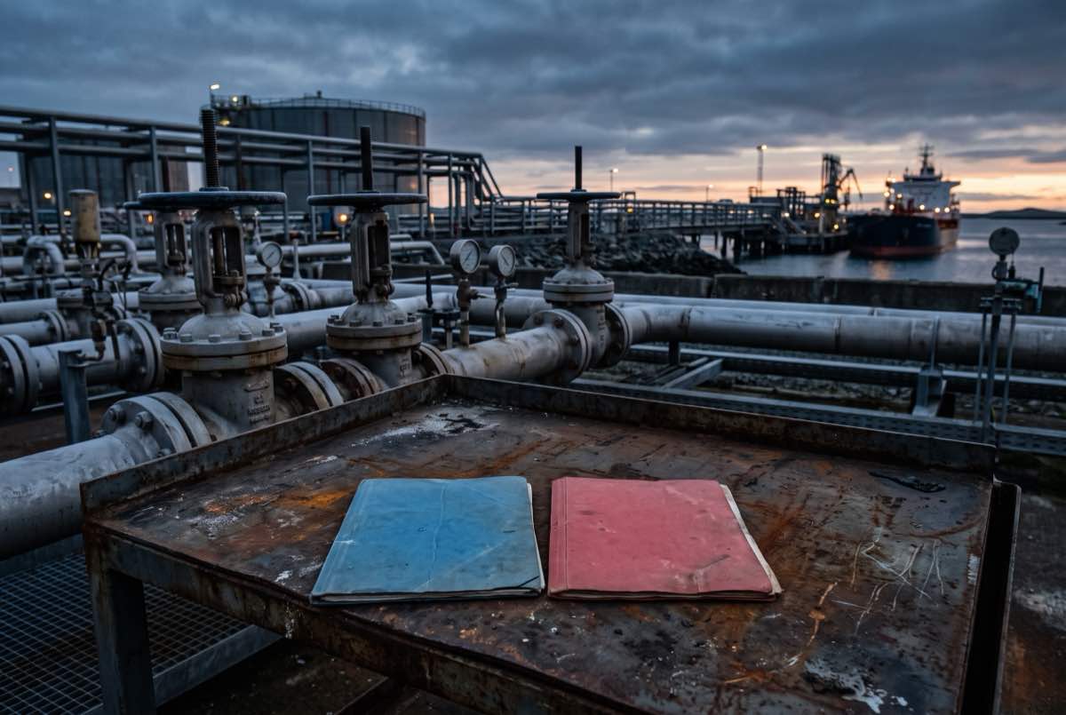 Photorealistic industrial energy pipelines and valves beside policy documents at a harbor, symbolizing bipartisan Russia and Iran sanctions