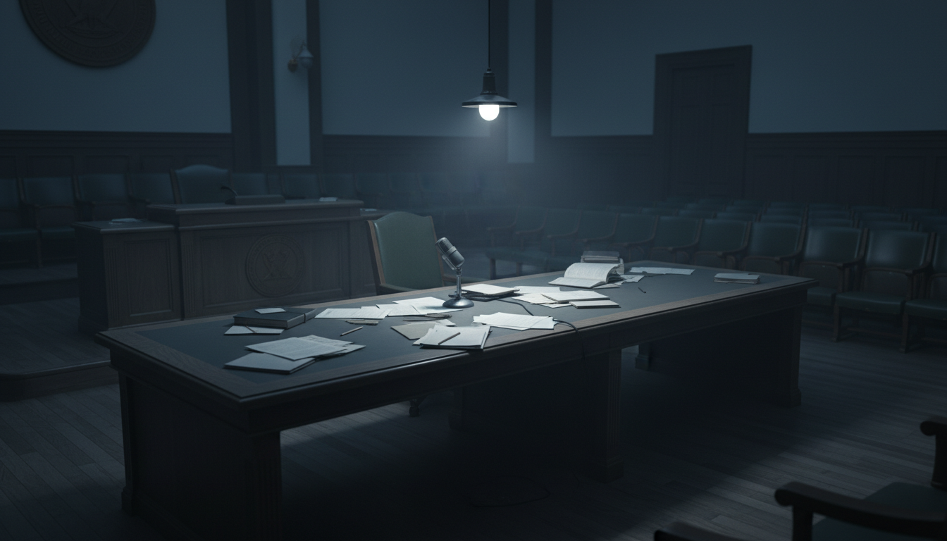 AI-generated illustration: an abandoned 1950s hearing-room witness table under a harsh single light