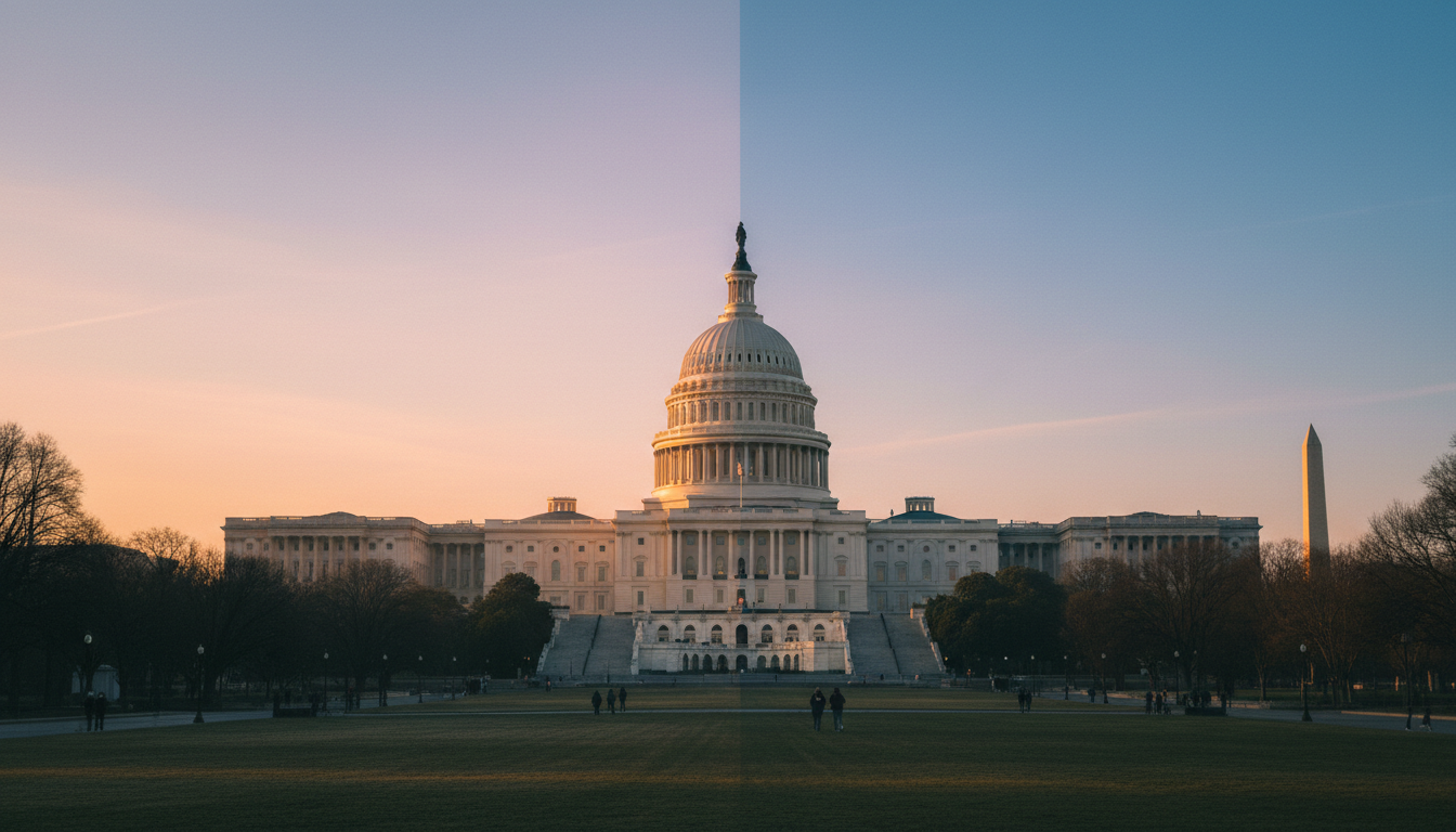 AI-generated illustration: the U.S. Capitol dome where a warm sunrise sky meets a cool blue one