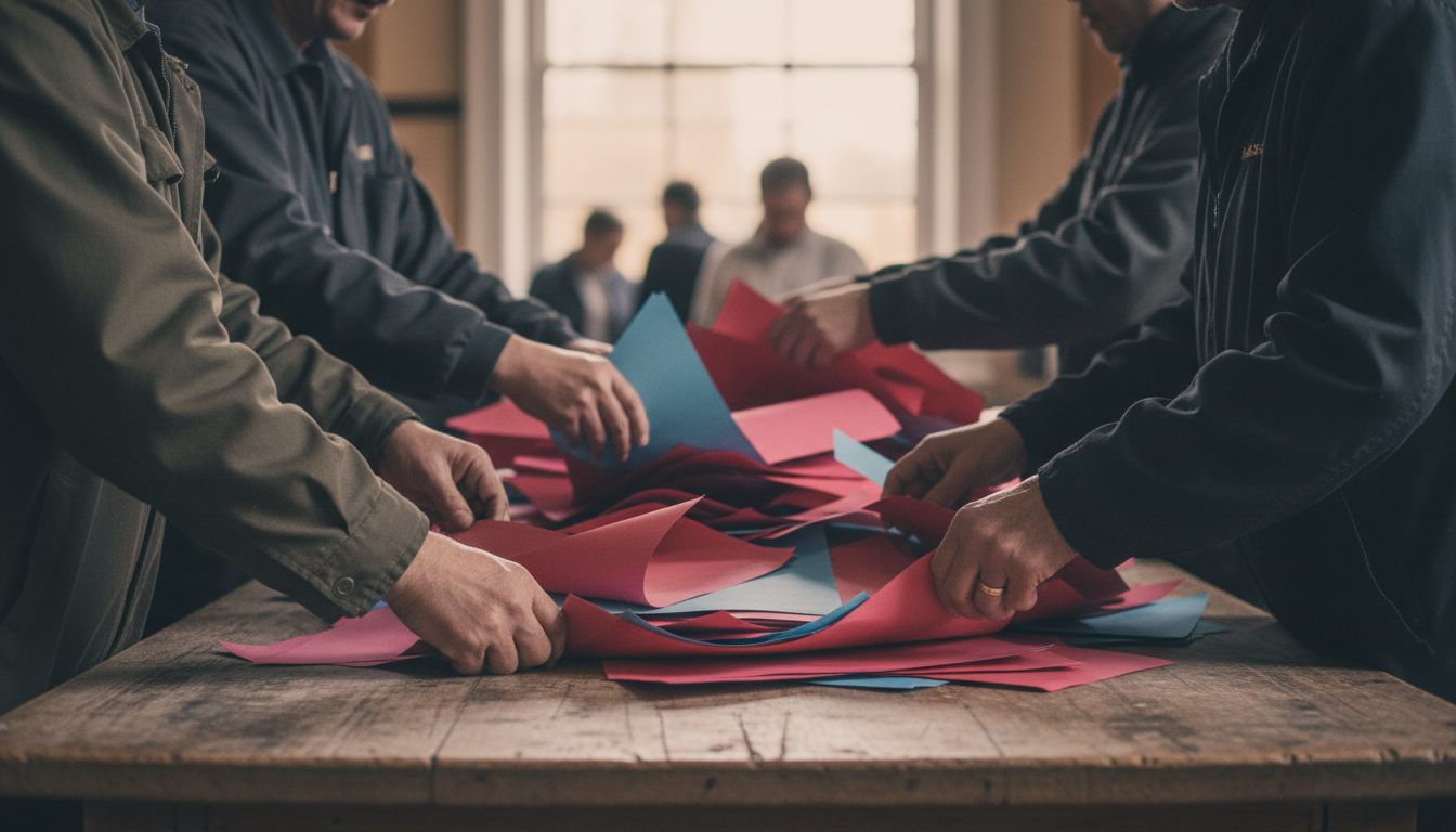 AI-generated illustration: hands sorting a blended pile of red and blue papers on a community-hall table